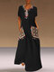 Африканский принт кисточка V-образный вырез с короткими рукавами Plus Размер макси Платье - Черный