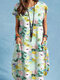 Women Watercolor Floral Print Double Pocket Short Sleeve Dress - Green