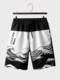 Monochrome Herren-Shorts mit japanischem Wellenmuster und Kordelzug an der Taille - Schwarz