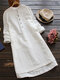 Solid Stand Collar Long Sleeve Pocket Button Vintage Dress - White