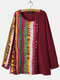 Print Patchwork O-neck Fleece Long Sleeve Blouse For Women - Wine Red