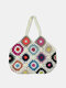 JOSEKO Women Plush Handmade Crochet Ethnic Mixed Floral Pattern Shoulder Bag Multifunctional Tote Bag - White