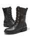 Women Large Size Solid Color Side Zipper Lace Up Mid-Calf Boots - Black