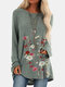 Vintage Floral Printed O-neck Long Sleeve Pullover T-shirt - Green