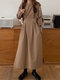 Solid Pocket Split Ремень С круглым вырезом с длинным рукавом Шея Повседневная одежда Платье - коричневый