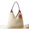 Women Straw Beach Bag Pastoral Flower Shoulder Bag Solid Tote Bag - White