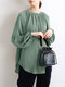 Solid Long Sleeve Round Neck Casual Blouse - Green