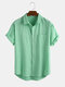 Mens 100% Cotton Solid Color Pocket Lapel Casual Loose Short Sleeve Shirt - Green