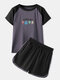 Women Print Pajamas Set Patchwork Short Sleeve O-Neck Softies Sports Loungewear Elastic Waist Bottom Sleepwear - Dark Purple