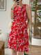 Abstract Figure Face Print Crew Neck Sleeveless Dress - Red