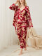 Women Faux Silk 3 Pieces Allover Chinese Dragon Printed Pajamas Sets - نبيذ أحمر