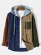 Mens Corduroy Colorblock Patchwork Casual Drawstring Hooded Shirts With Pocket - Khaki