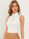 Solid Zip Front Sleeveless Mock Neck Tank Top - White