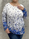 Plus Size Flower Print Casual O-neck Loose Women T-shirt - Blue