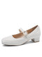 Women Elegant Pearl Embellished Hasp Comfy Square Toe White Wedding Low Heel Mary Jane Shoes - Beige