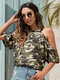 Camo Cut Out Cold Shoulder Short Sleeves T-shirt - Army Green