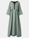Patchwork Solid Color Trumpet Sleeve Maxi Dress With Pocket - Green