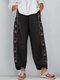 Casual Embroidery Elastic Waist Plus Size Pants with Pockets - Black