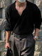 Masculino sólido canelado tricotado casual manga comprida golfe Camisa - Preto