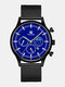 13 Colors Alloy Men Casual Business Fake Three-eye Sun Moon Star Mesh Strap Pointer Calendar Decorative Quartz Watches - Black Band Black Case Blue Dial 