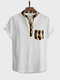 Mens Leopard Wave Striped Print Texture Short Sleeve Henley Shirts - White