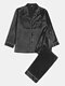 Mens Luxury Satin Faux Silk Pajamas Smooth Loose Solid Color Home Sleepwear Sets - Black1