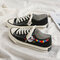 Women Embroidery Rainbow Breathable Canvas Low Top Casual Flat Skate Shoes - Black