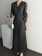 Wrap V-neck Solid Pleated Long Sleeve Casual Maxi Dress - Black