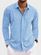 Camisas masculinas de lapela lisa com botões casuais de manga comprida - azul