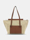 Casual Natural Canvas Stitching Color Stitch Craft Smooth Zipper Comfy Handle Tote Handbag - Rice Brown