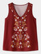Women Tribal Floral Print V-neck Sleeveless Chiffon Tank Top - Red
