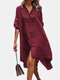 Solid Color Button Long Sleeve High-low Hem Casual Dress - Wine Red