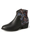 LOSTISY Retro Flower Cloth Stitching Comfy Wearable Side Zipper Block Heel Ankle Boots - Black