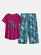 Women Cotton Pajamas Sets Letters Top With Floral Tropical Print Panty Sleepwear For Summer - Rose