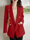 Solid Lapel Pocket Long Sleeve Button Casual Blazer - Red