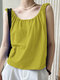Women Solid Crew Neck Pleated Casual Sleeveless Tank Top - Green