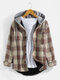 Mens Plus Velvet Plaid Casual Button Thick Hooded Shirts With Pocket - Apricot