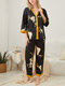 Women Faux Silk Crane & Flower Print Button Up Smooth Pajama Sets - Black