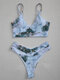Women Marble Pattern Spaghetti Straps Open Back High Cut Bikini - Blue