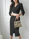Women Solid Pleated Split Hem 3/4 Sleeve Blazer Dress - Black