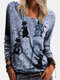 Cat Print Long Sleeve Casual T-Shirt For Women - Blue