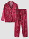 Men Faux Silk Letter Smooth Round Neck Luxury Long Pajama Sets - Red