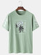 Mens Floral Japanese Character Print Loose 100% Cotton Short Sleeve T-Shirts - Green