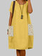 Vestido feminino de manga curta de algodão com bolso e lantejoulas - Amarelo