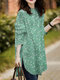 Allover Floral Print Stand Collar Long Sleeve Casual Blouse - Green