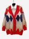 Contrast Color Geometric Print Long Sleeve Cardigan For Women - Red