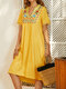 Bohemian Flower Print V-neck Short Sleeve Print Dress For Women - Yellow