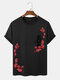 Camisetas masculinas com estampa floral de caracteres chineses gola careca manga curta - Preto