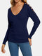 Solid Color Hollow V-neck Long Sleeve Casual Sweater for Women - Navy