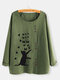 Cat Butterfly Print Button Long Sleeve Plus Size Blouse - Green